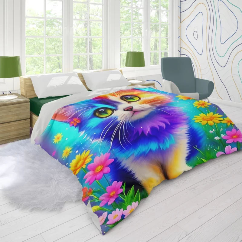 Rainbow-Colored Cat Among Flowers Duvet Cover