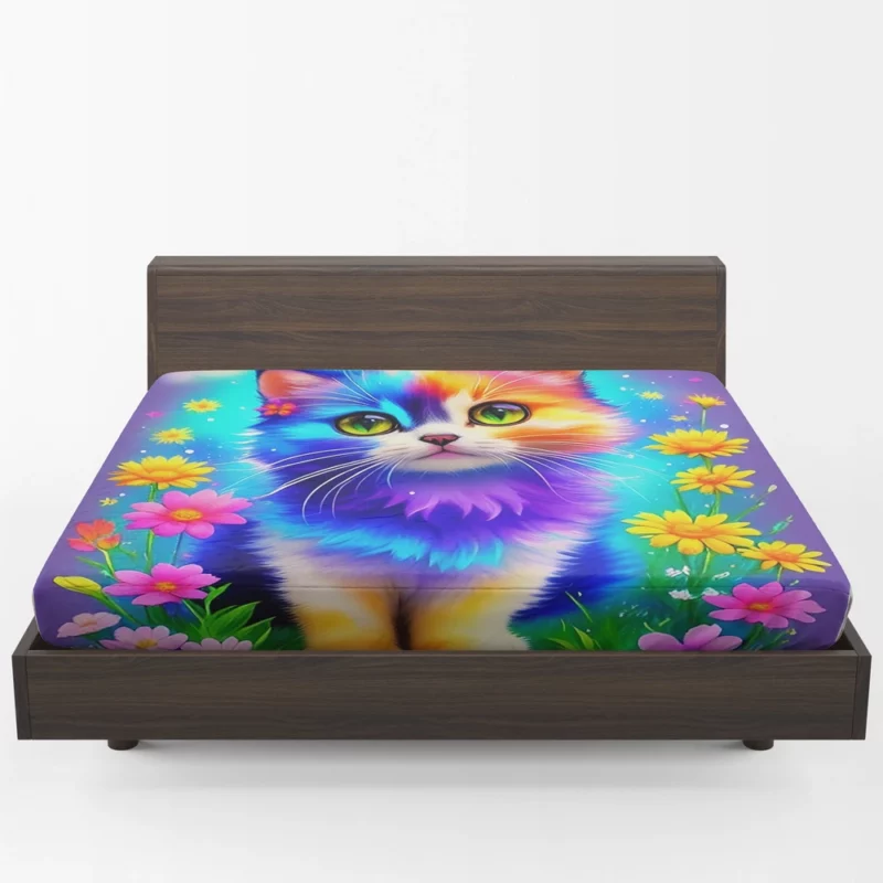 Rainbow-Colored Cat Among Flowers Fitted Sheet 1