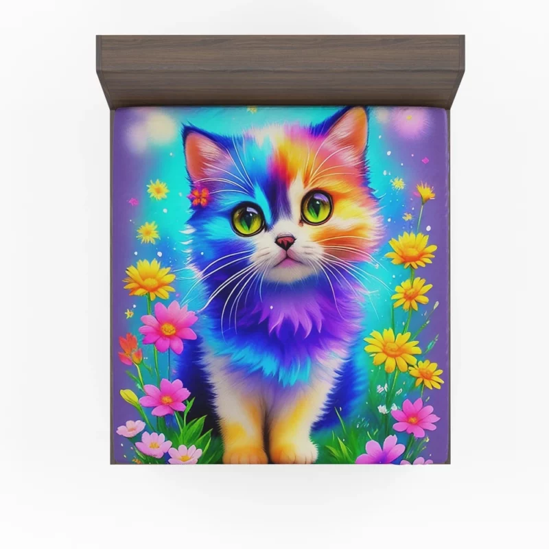 Rainbow-Colored Cat Among Flowers Fitted Sheet