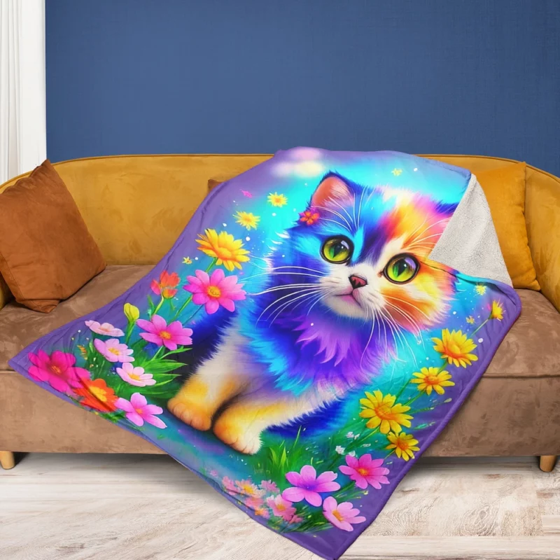 Rainbow-Colored Cat Among Flowers Fleece Blanket 1