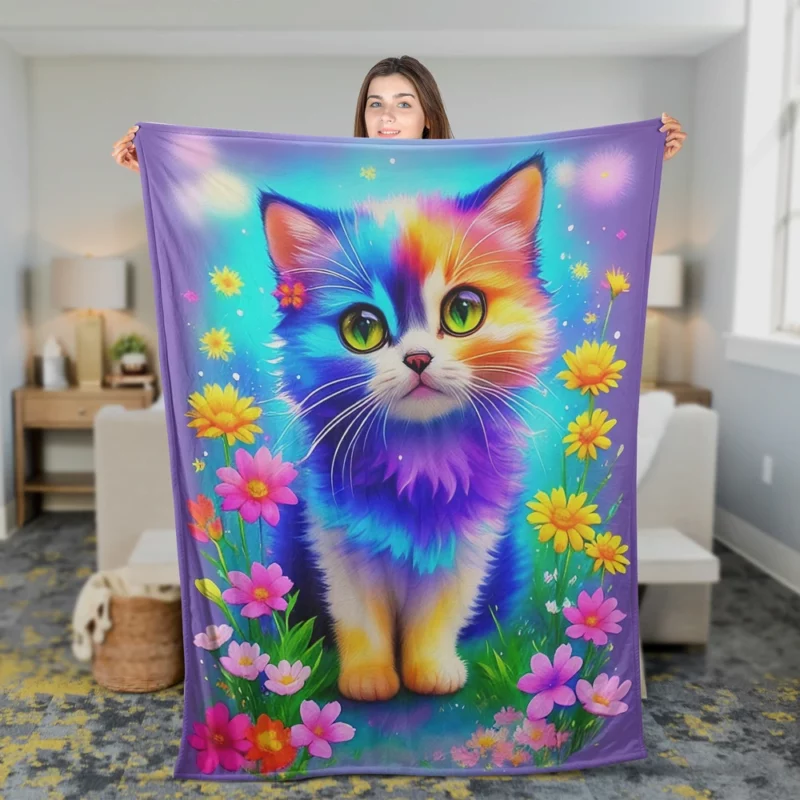 Rainbow-Colored Cat Among Flowers Fleece Blanket 2