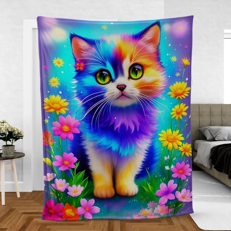 Rainbow-Colored Cat Among Flowers Fleece Blanket