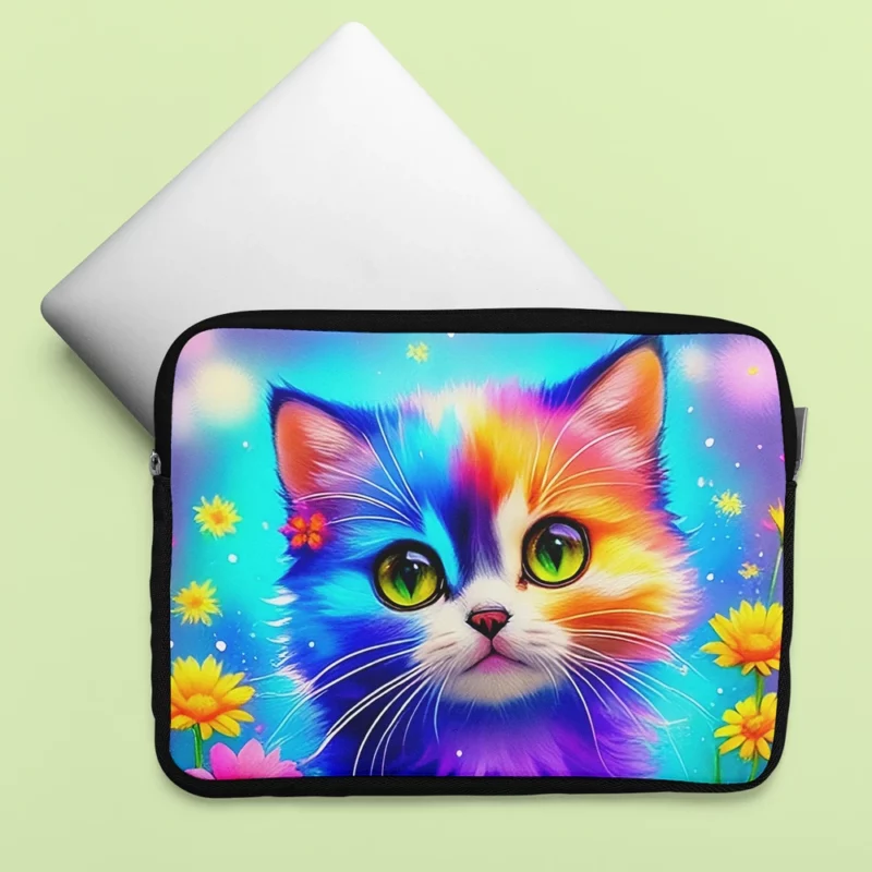 Rainbow-Colored Cat Among Flowers Laptop Sleeve