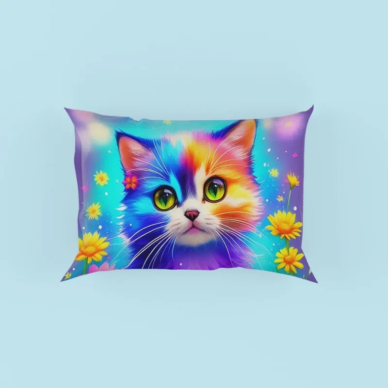 Rainbow-Colored Cat Among Flowers Pillow Cases