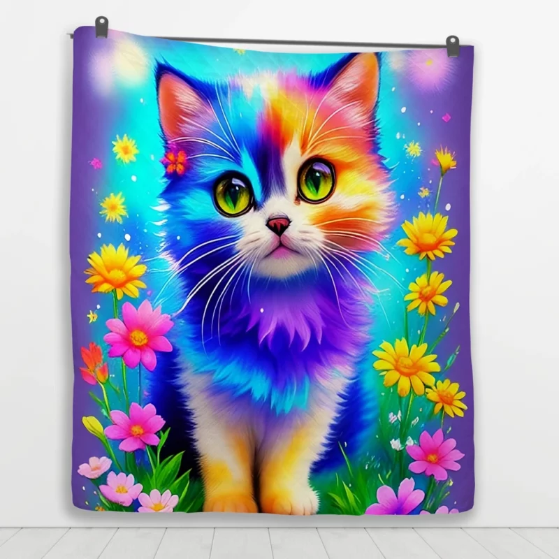 Rainbow-Colored Cat Among Flowers Quilt Blanket 1