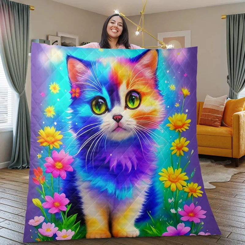 Rainbow-Colored Cat Among Flowers Quilt Blanket