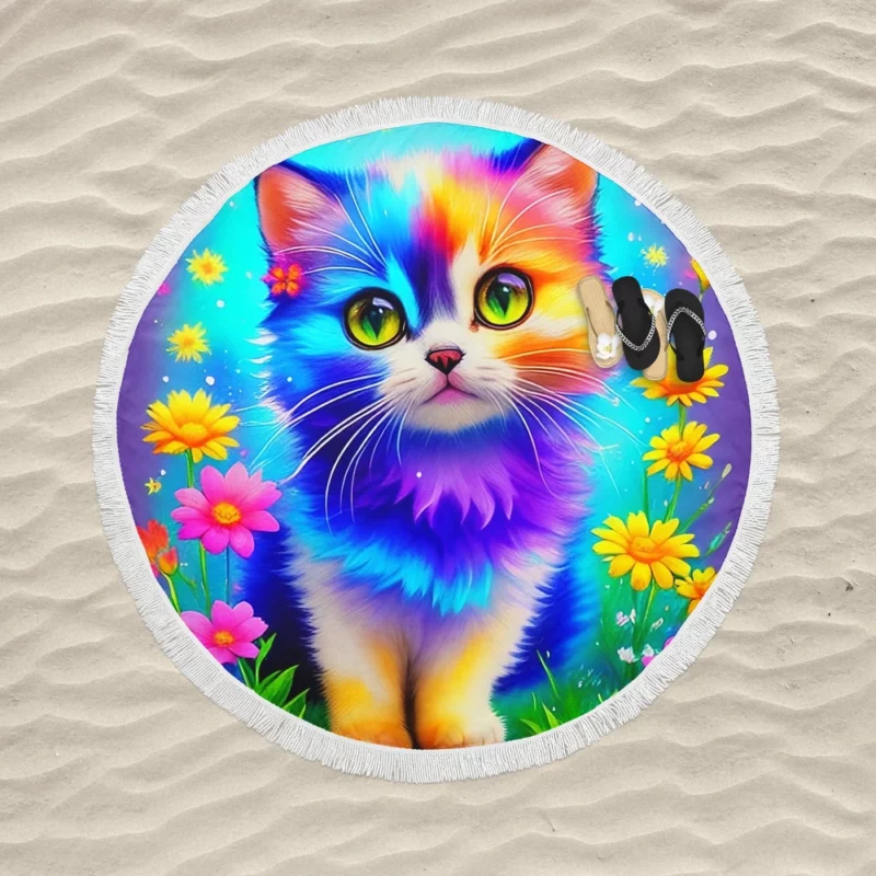 Rainbow-Colored Cat Among Flowers Round Beach Towel