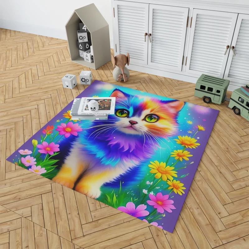 Rainbow-Colored Cat Among Flowers Rug 1