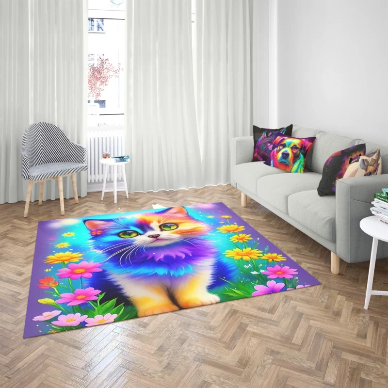 Rainbow-Colored Cat Among Flowers Rug 2