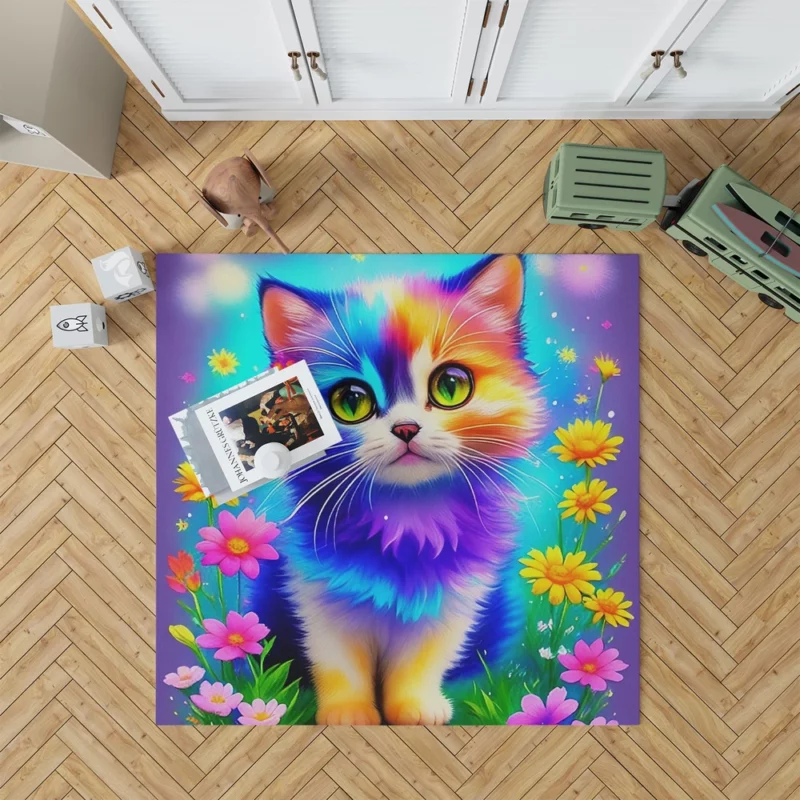 Rainbow-Colored Cat Among Flowers Rug