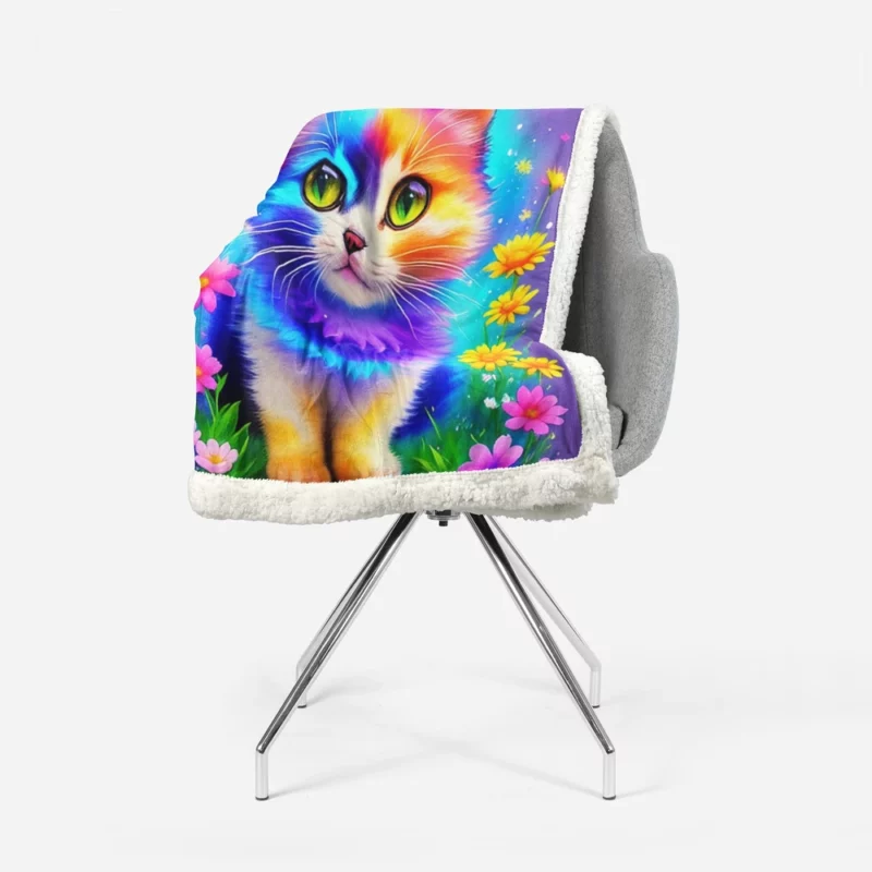 Rainbow-Colored Cat Among Flowers Sherpa Fleece Blanket 1