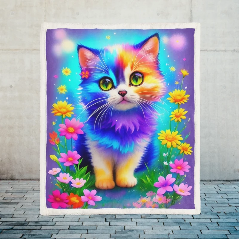 Rainbow-Colored Cat Among Flowers Sherpa Fleece Blanket