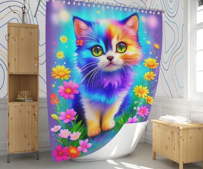 Rainbow-Colored Cat Among Flowers Shower Curtain 1