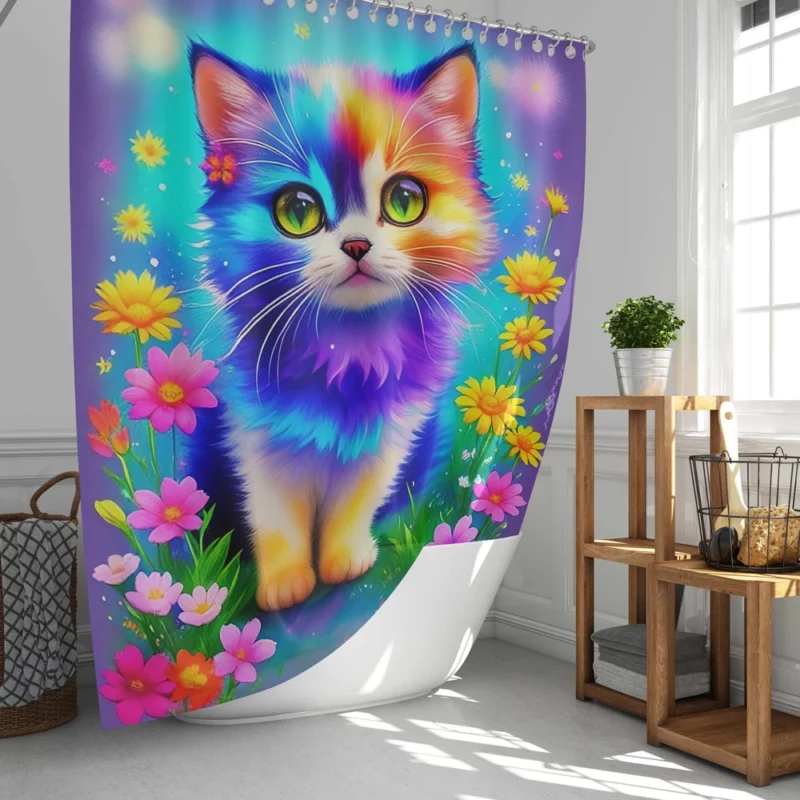 Rainbow-Colored Cat Among Flowers Shower Curtain