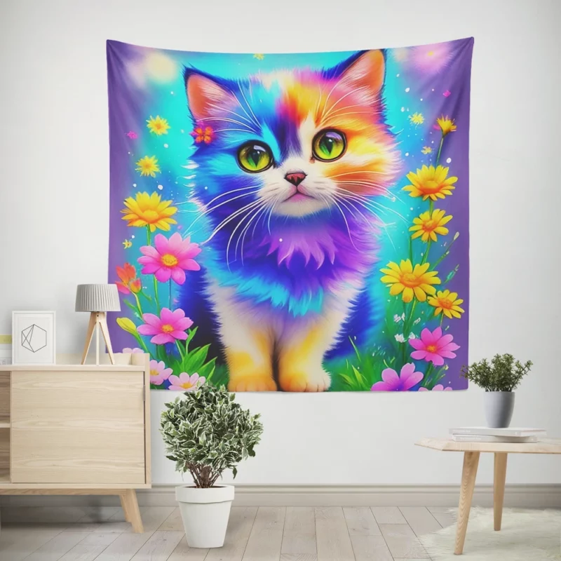 Rainbow-Colored Cat Among Flowers Wall Tapestry