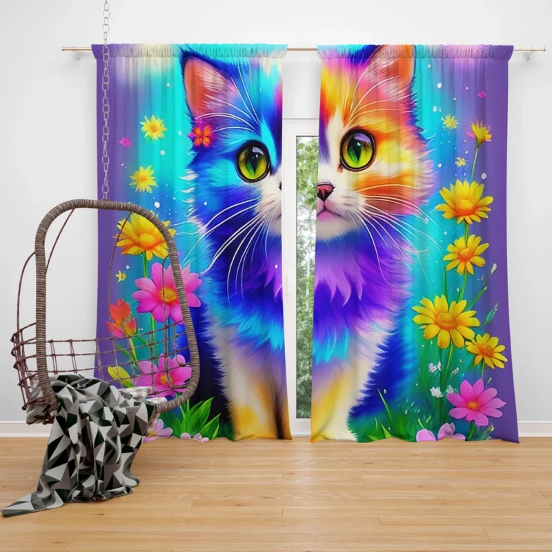 Rainbow-Colored Cat Among Flowers Window Curtain