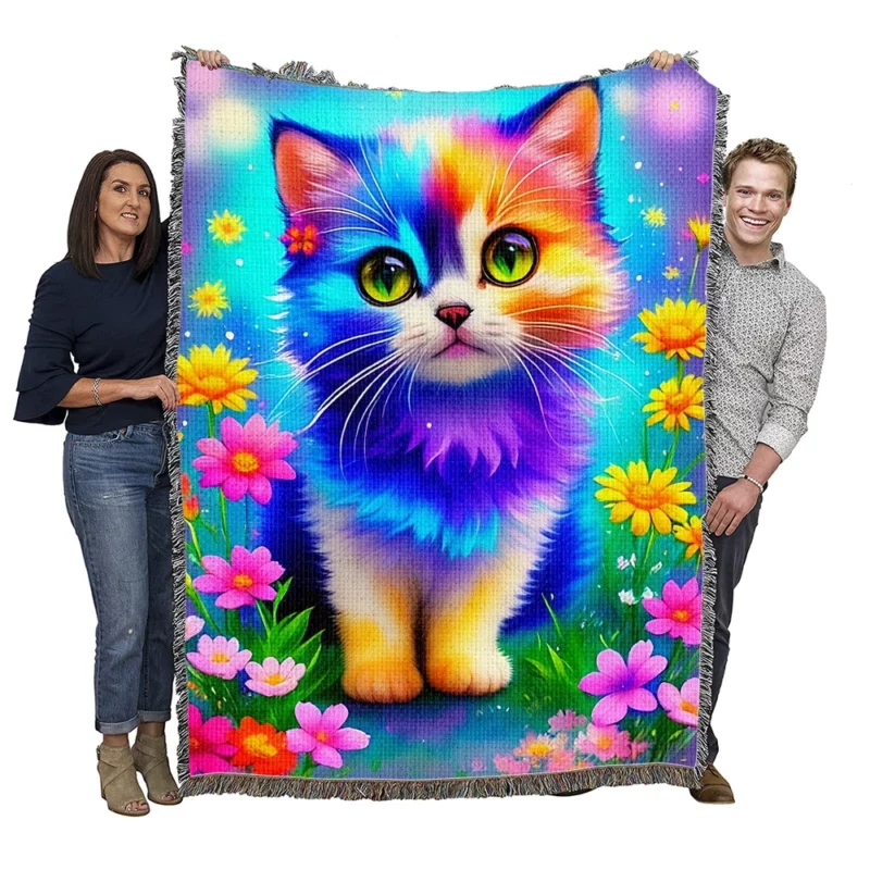 Rainbow Colored Cat Among Flowers Woven Blanket