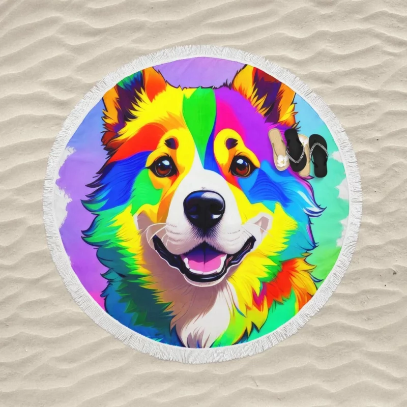 Rainbow Corgi Dog Print Round Beach Towel