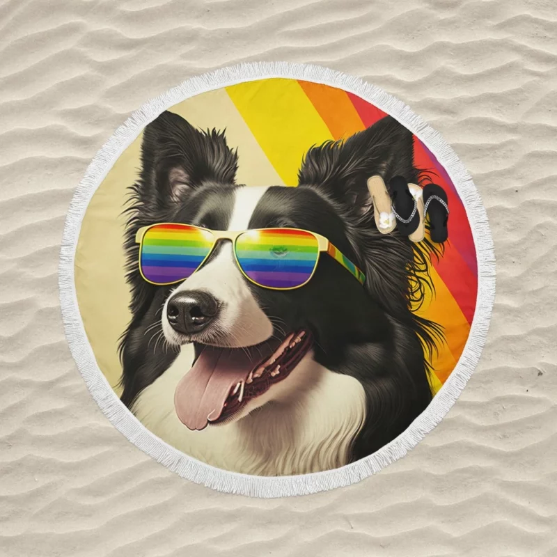 Rainbow Flag Border Collie Statue Round Beach Towel