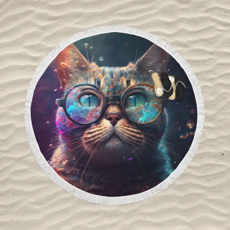 Rainbow Glasses Cat Round Beach Towel