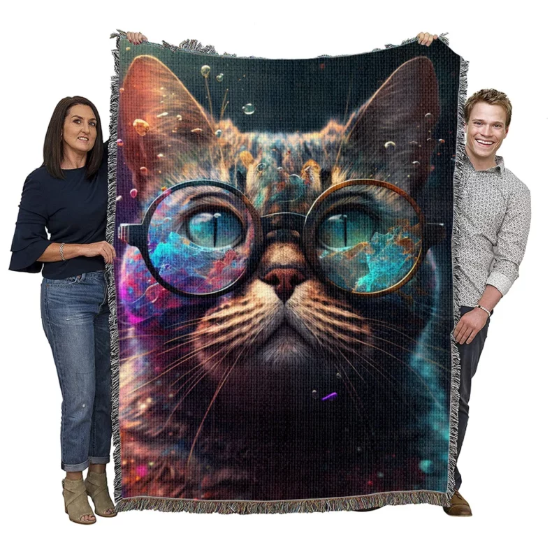 Rainbow Glasses Cat Woven Blanket