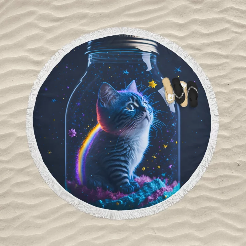 Rainbow Jar Cat Round Beach Towel