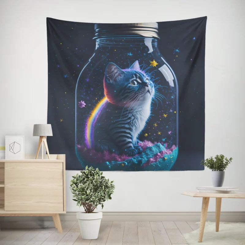 Rainbow Jar Cat Wall Tapestry