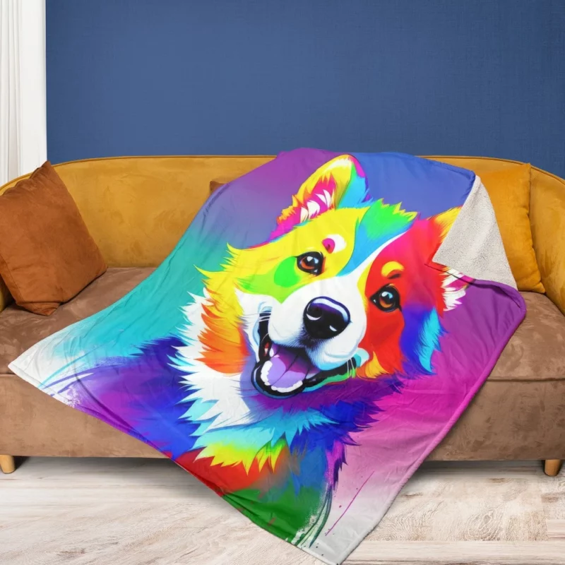 Rainbow Realistic Corgi Figurine Fleece Blanket 1