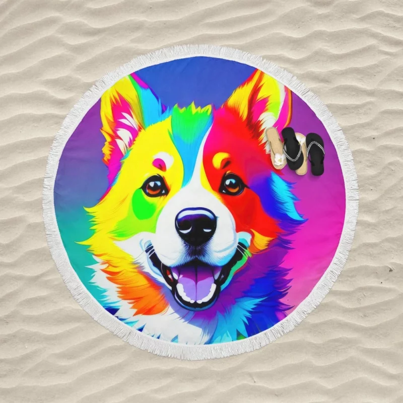 Rainbow Realistic Corgi Figurine Round Beach Towel