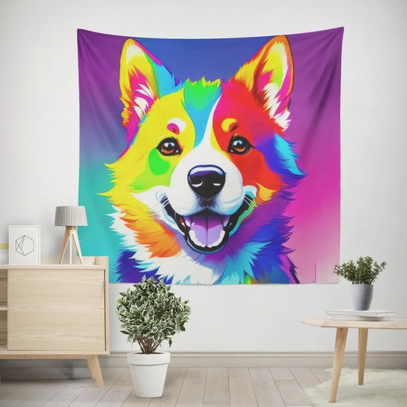 Rainbow Realistic Corgi Figurine Wall Tapestry