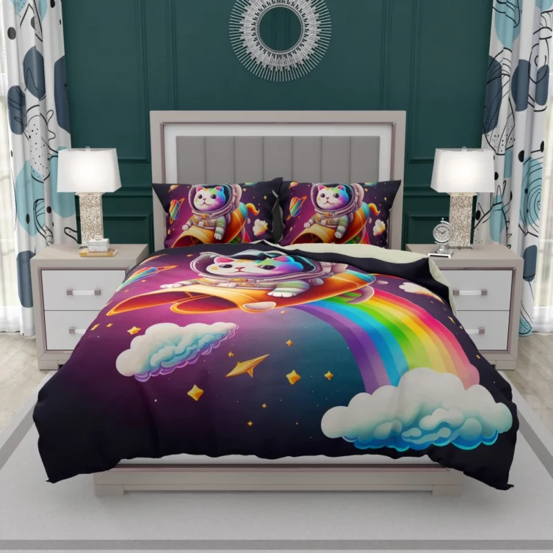 Rainbow Rocket Cartoon Cat Bedding Set 1