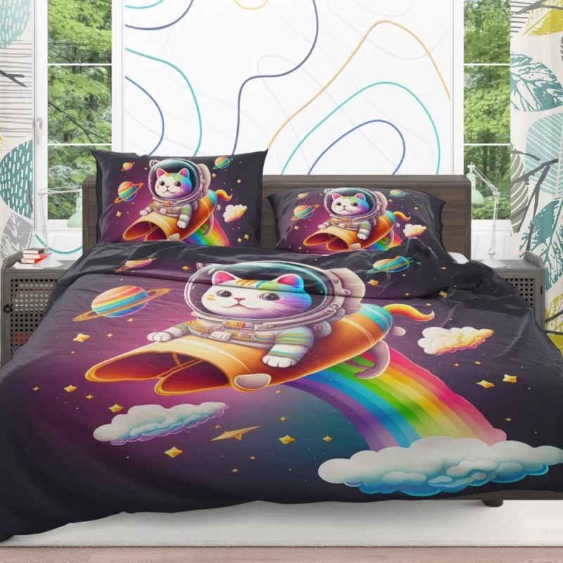 Rainbow Rocket Cartoon Cat Bedding Set