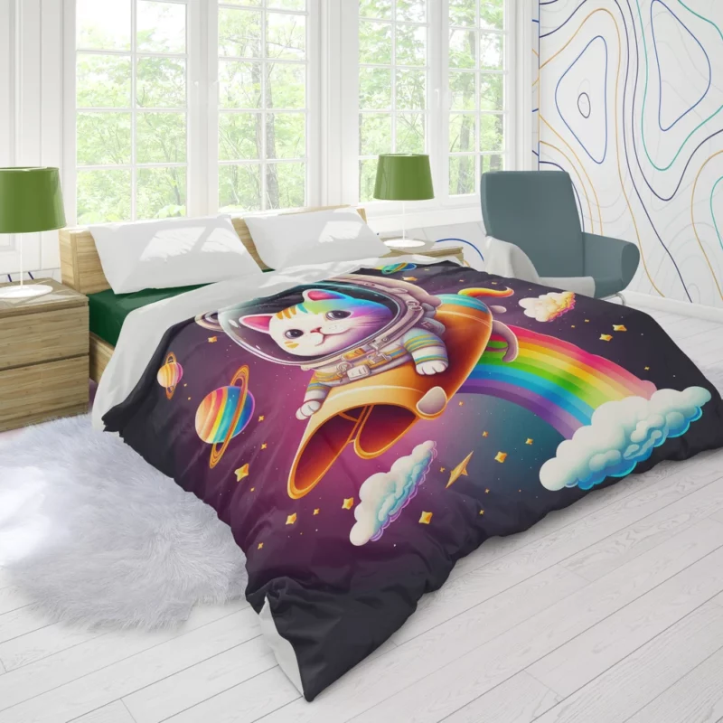 Rainbow Rocket Cartoon Cat Duvet Cover