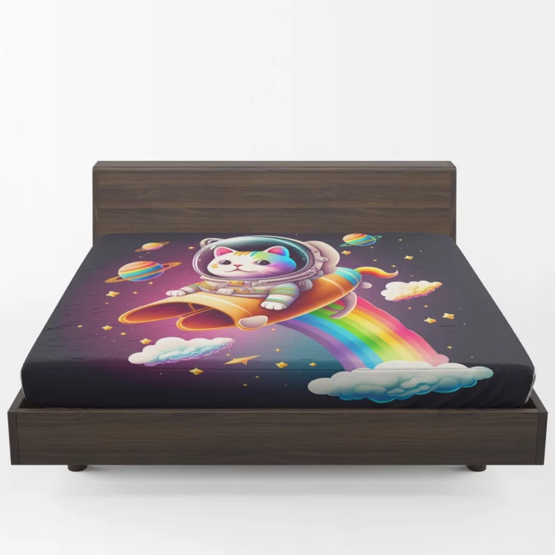 Rainbow Rocket Cartoon Cat Fitted Sheet 1