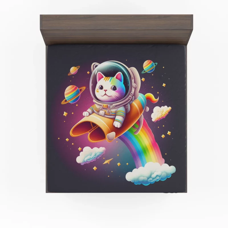 Rainbow Rocket Cartoon Cat Fitted Sheet