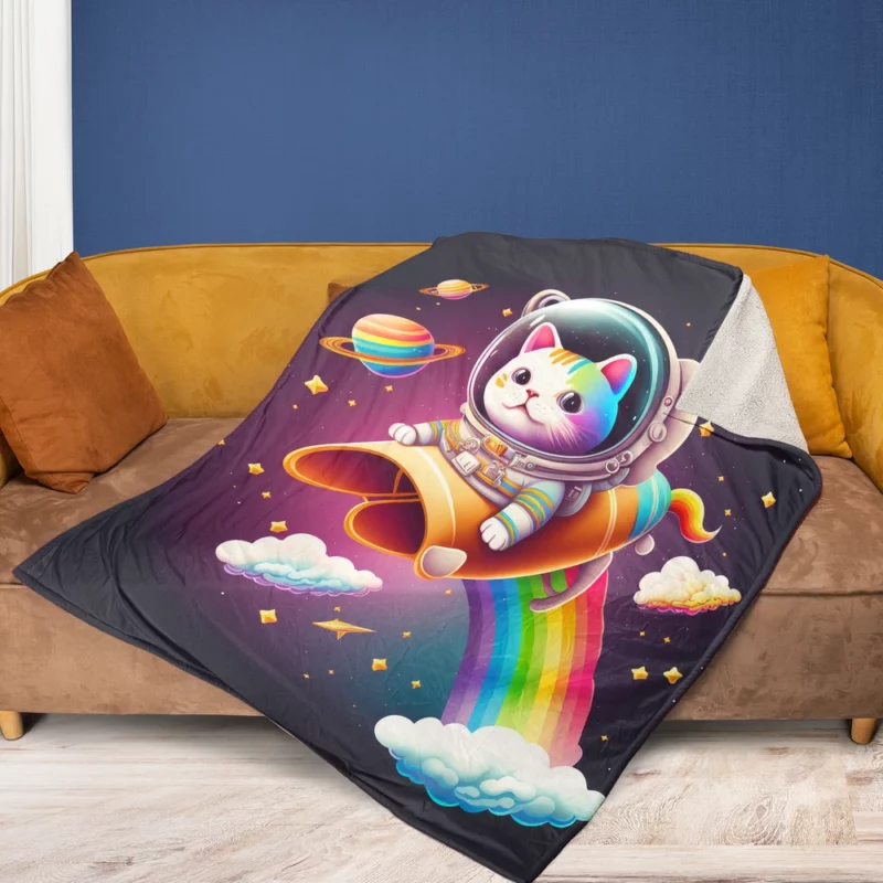 Rainbow Rocket Cartoon Cat Fleece Blanket 1