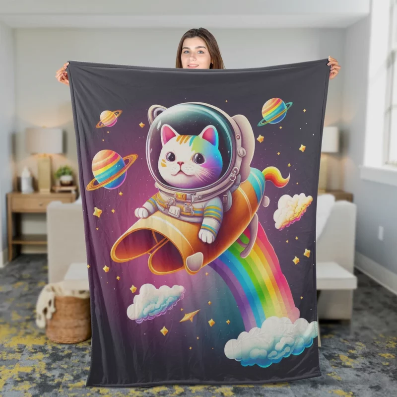 Rainbow Rocket Cartoon Cat Fleece Blanket 2