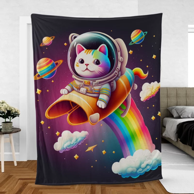 Rainbow Rocket Cartoon Cat Fleece Blanket