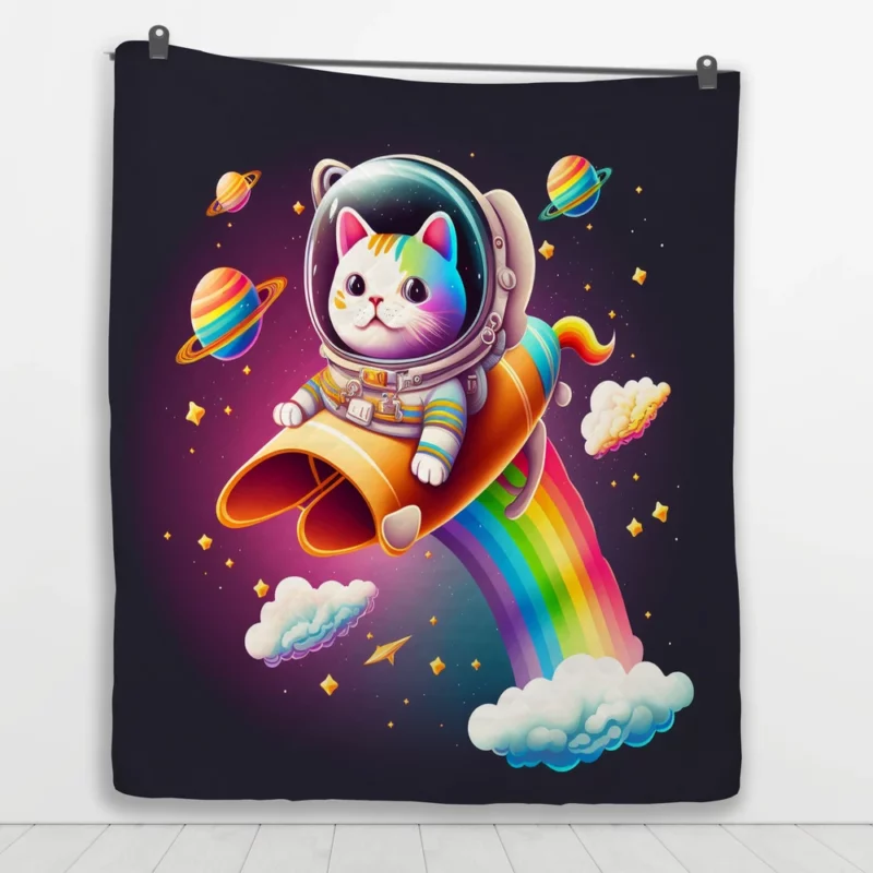 Rainbow Rocket Cartoon Cat Quilt Blanket 1