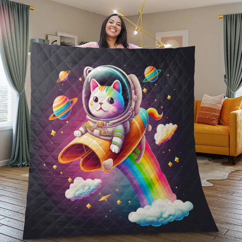 Rainbow Rocket Cartoon Cat Quilt Blanket