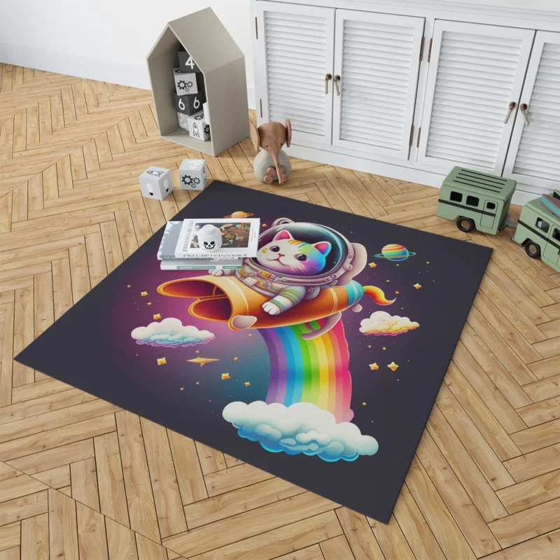 Rainbow Rocket Cartoon Cat Rug 1