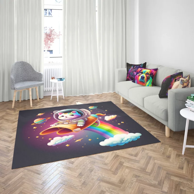 Rainbow Rocket Cartoon Cat Rug 2