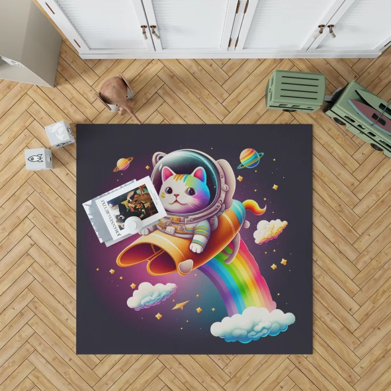 Rainbow Rocket Cartoon Cat Rug