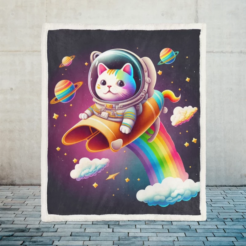 Rainbow Rocket Cartoon Cat Sherpa Fleece Blanket