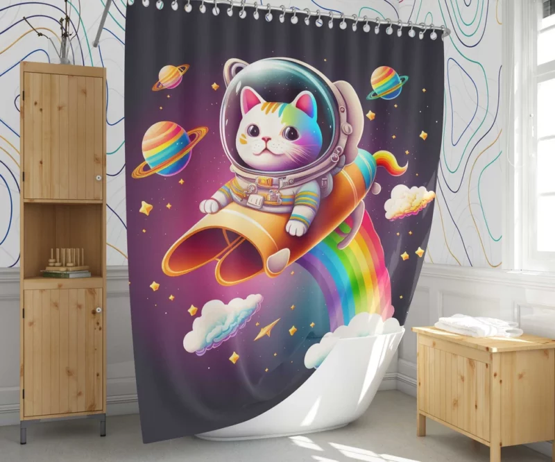 Rainbow Rocket Cartoon Cat Shower Curtain 1