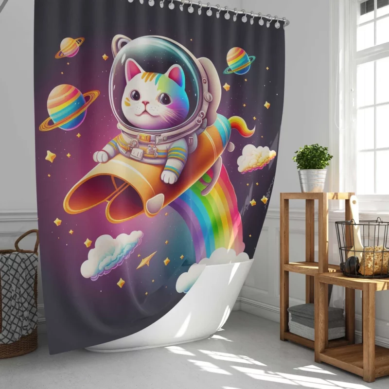 Rainbow Rocket Cartoon Cat Shower Curtain