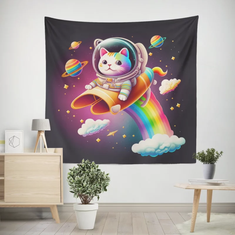 Rainbow Rocket Cartoon Cat Wall Tapestry