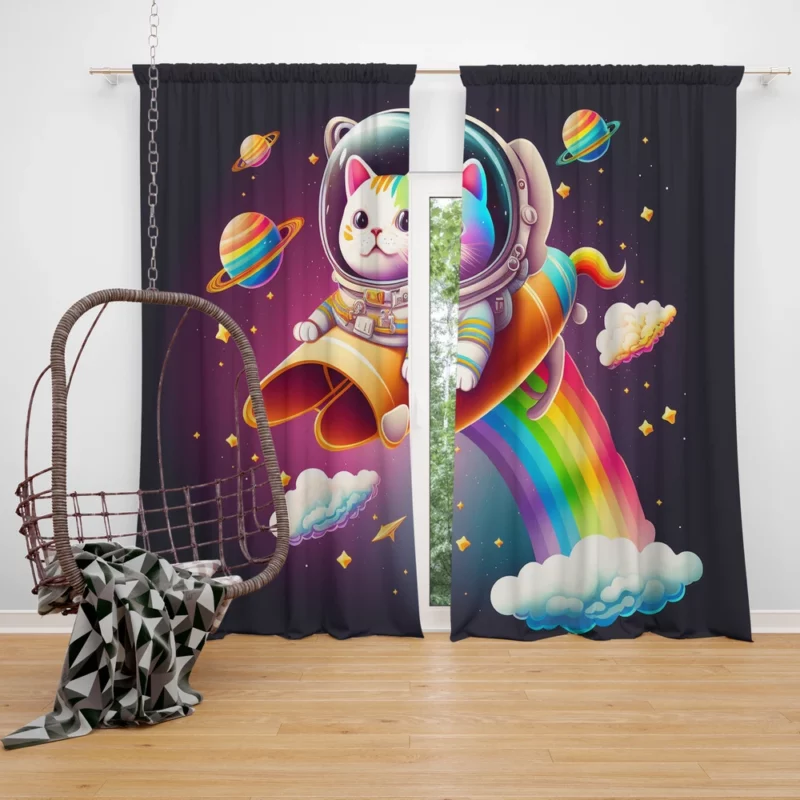 Rainbow Rocket Cartoon Cat Window Curtain