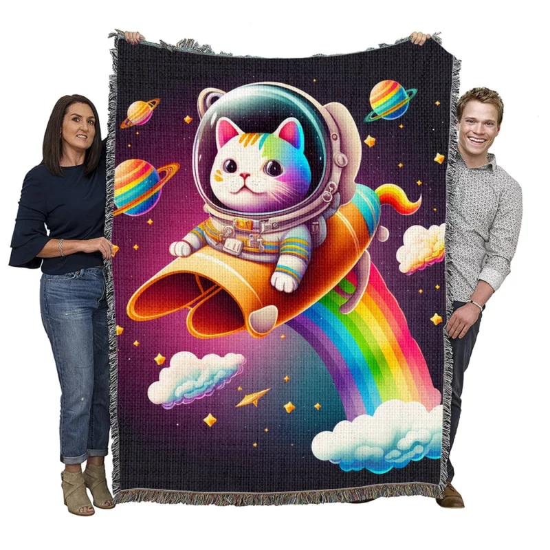 Rainbow Rocket Cartoon Cat Woven Blanket