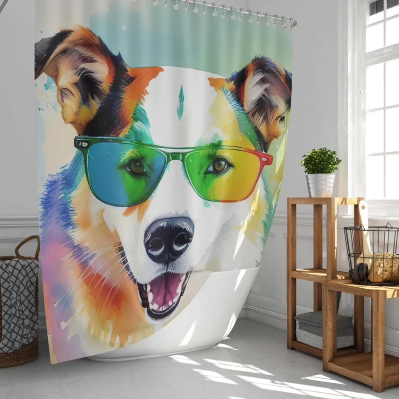 Rainbow Shades with Furry Puppy Shower Curtain